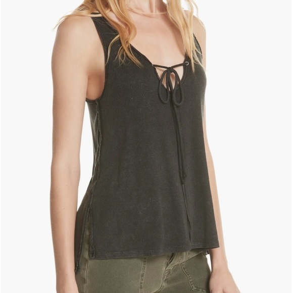 We the Free Scarlett Tie Front Hi Lo Tank Top Black Acid Wash Womens Size Medium - Picture 1 of 16